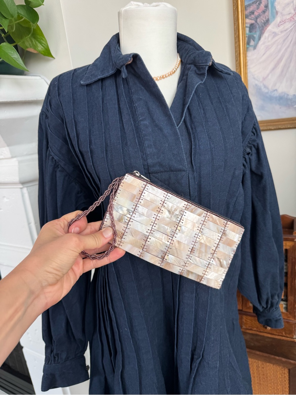 Handwoven Mother-of-Pearl Wristlet Clutch in Iridescent Beige